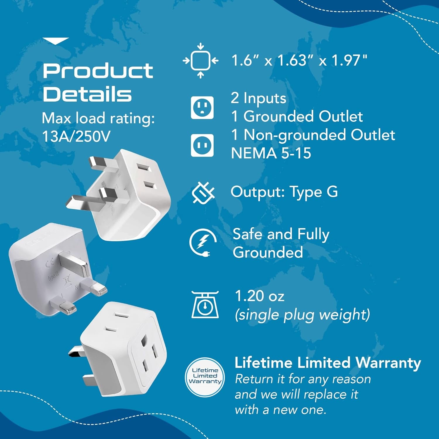 UK Travel Plug Adapter, 2 in 1 Type G Adapter, US to UK Adapter, Ireland, Dubai Travel Adapter with Dual USA Inputs, CE, Rohs - HK Outlet Adapter, 3 Pack